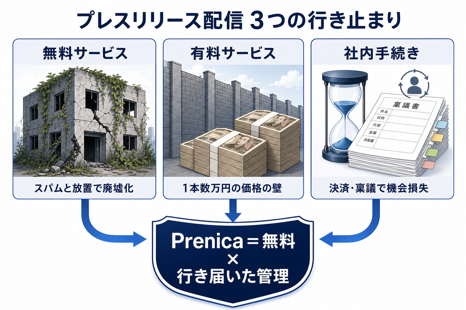 プレスリリース配信の3つの行き止まり: 無料サービスはスパムと放置、有料サービスは価格の壁、社内手続きによる機会損失。その解決としてのPrenica